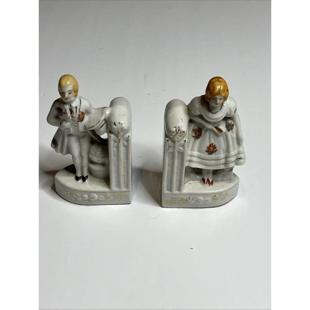Vintage Figural Bookends Decor Man & Woman Floral Porcelain Made In Japan